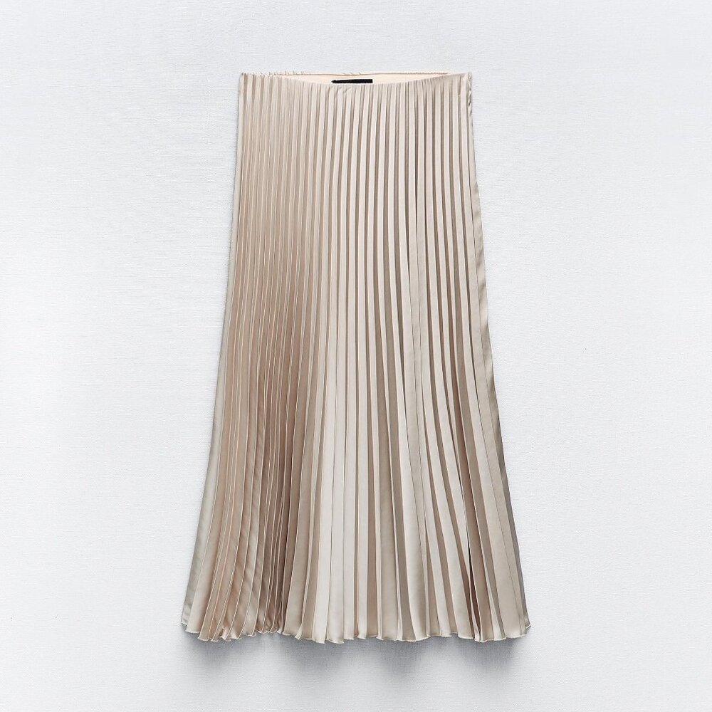 Zara Pleated Champagne Satin Midi Skirt